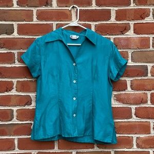 Robbie Bee Vintage Green 100% Silk Collared Button Up Shirt